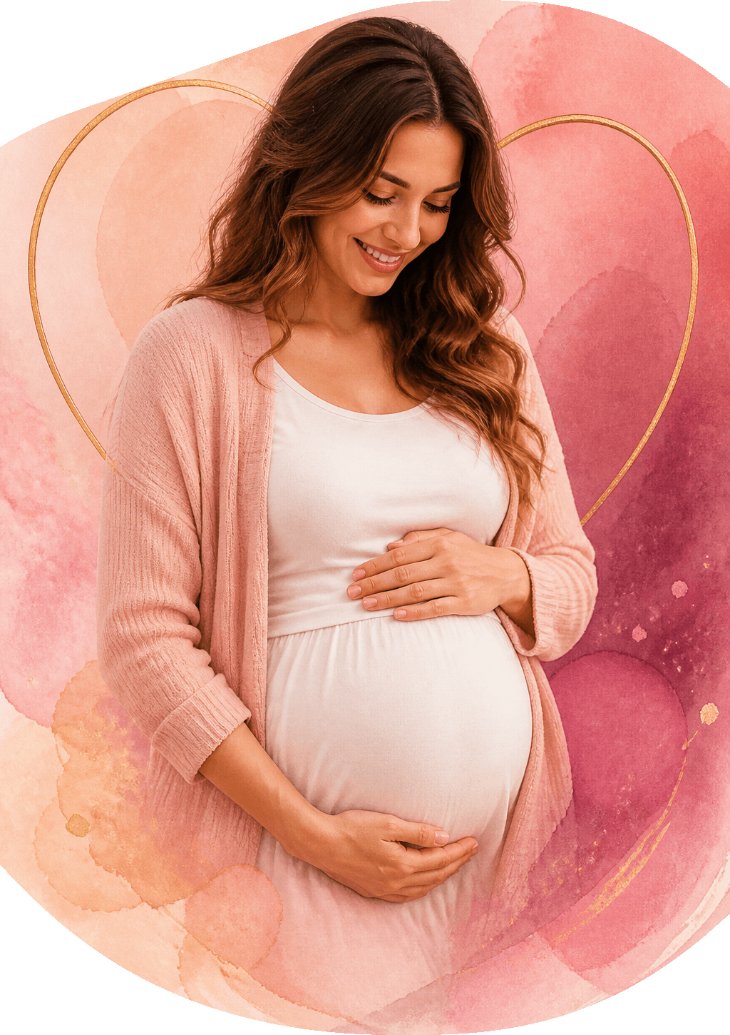 Gestante sorridente com as mãos na barriga, com uma silhueta de coração dourado ao fundo
